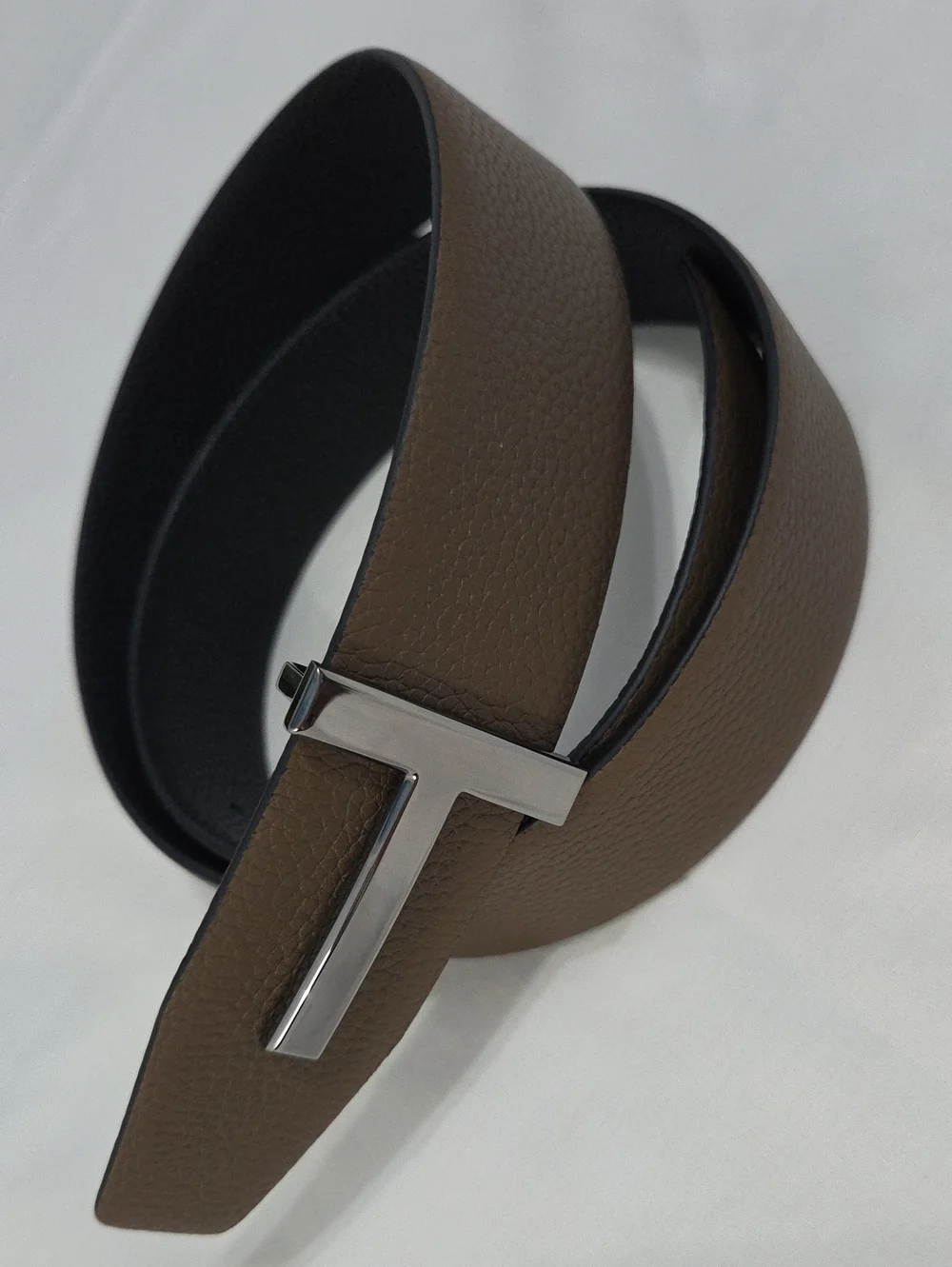 Tom Ford Black & Brown Leather Belt Dark T Buckle Accent